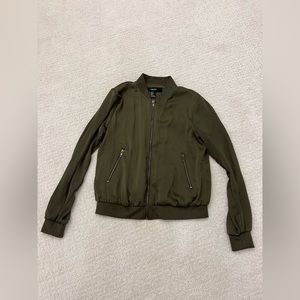 Forever 21 Green Satin Zip Up Bomber Jacket